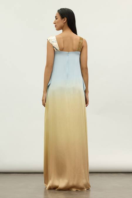 Shop Akhl Blue Satin, Polyester Sequins, Metallic Thread Asymmetric Sleeve Ombre Dress at Aza Fashions Shop_Akhl_Blue Satin, Polyester Sequins, Metallic Thread Asymmetric Sleeve Ombre Dress _at_Aza_Fashions