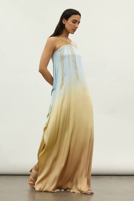 Akhl Blue Satin, Polyester Sequins, Metallic Thread Asymmetric Sleeve Ombre Dress Online at Aza Fashions Akhl_Blue Satin, Polyester Sequins, Metallic Thread Asymmetric Sleeve Ombre Dress _Online_at_Aza_Fashions