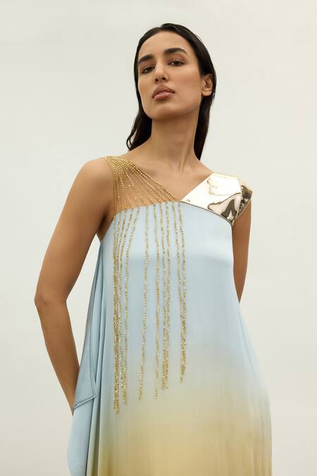 Buy Akhl Blue Satin, Polyester Sequins, Metallic Thread Asymmetric Sleeve Ombre Dress Online at Aza Fashions Buy_Akhl_Blue Satin, Polyester Sequins, Metallic Thread Asymmetric Sleeve Ombre Dress _Online_at_Aza_Fashions
