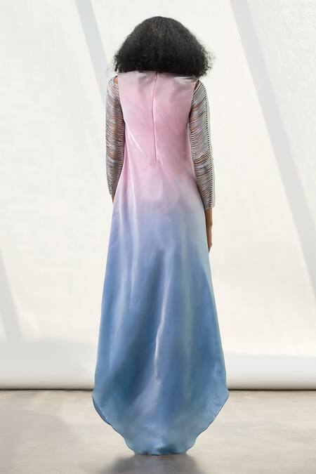 Shop_Akhl_Silver Satin (20% Polyester 80% Rayon) Hand Fringed Sleeves Ombre Dress _at_Aza_Fashions