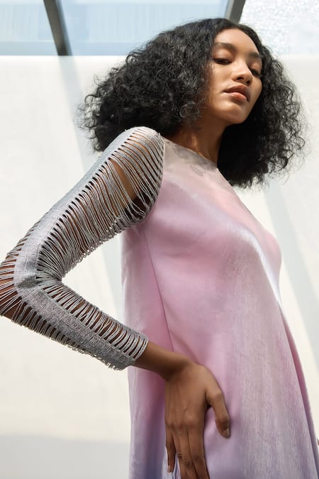 Akhl_Silver Satin (20% Polyester 80% Rayon) Hand Fringed Sleeves Ombre Dress _Online_at_Aza_Fashions