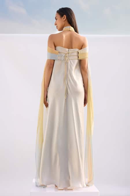 Shop_Akhl_Orange Lurex-tulle (57% Metallic Yarn 43% Polyester) Hand Ombre Draped Kaftan _at_Aza_Fashions
