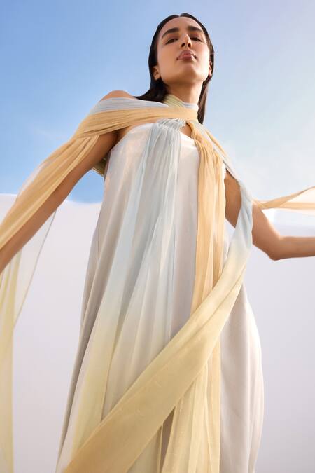 Akhl_Orange Lurex-tulle (57% Metallic Yarn 43% Polyester) Hand Ombre Draped Kaftan _Online_at_Aza_Fashions