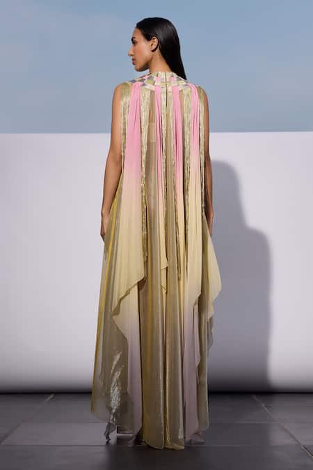 Shop_Akhl_Pink Chiffon (100% Viscose) Hand Dyed Mirror Metallic Trims High Detailed Kaftan _at_Aza_Fashions