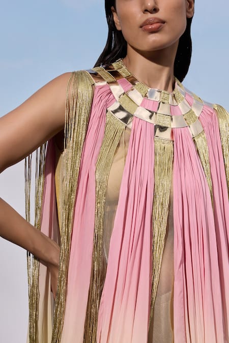 Buy_Akhl_Pink Chiffon (100% Viscose) Hand Dyed Mirror Metallic Trims High Detailed Kaftan _Online_at_Aza_Fashions