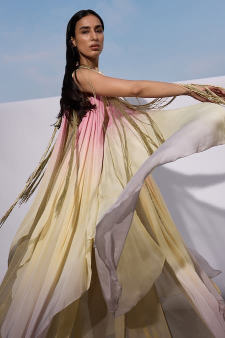 Shop_Akhl_Pink Chiffon (100% Viscose) Hand Dyed Mirror Metallic Trims High Detailed Kaftan _Online_at_Aza_Fashions