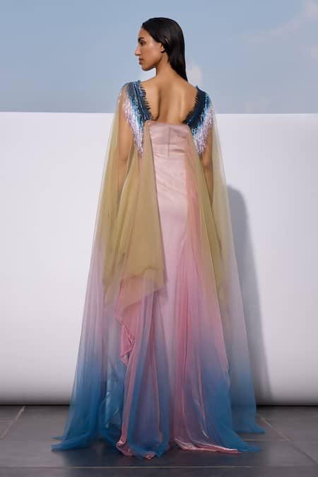 Shop_Akhl_Pink Tulle (100% Nylon) Hand Embroidered Glass Yarn Fringe Detailed Kaftan _at_Aza_Fashions