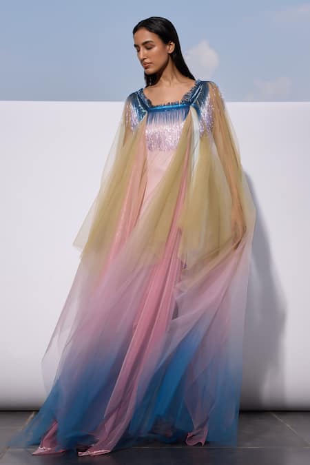 Akhl_Pink Tulle (100% Nylon) Hand Embroidered Glass Yarn Fringe Detailed Kaftan _Online_at_Aza_Fashions