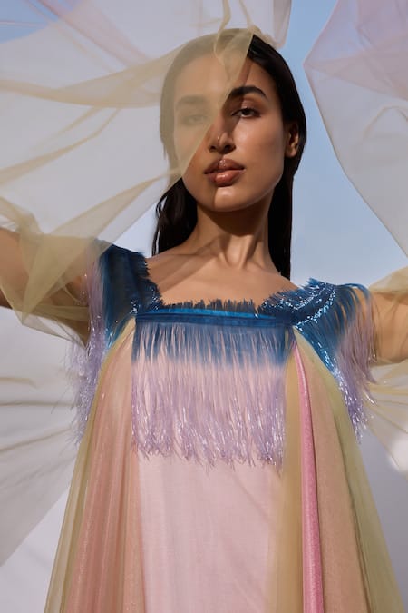 Buy_Akhl_Pink Tulle (100% Nylon) Hand Embroidered Glass Yarn Fringe Detailed Kaftan _Online_at_Aza_Fashions