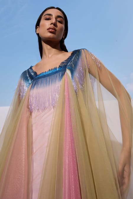 Shop_Akhl_Pink Tulle (100% Nylon) Hand Embroidered Glass Yarn Fringe Detailed Kaftan _Online_at_Aza_Fashions