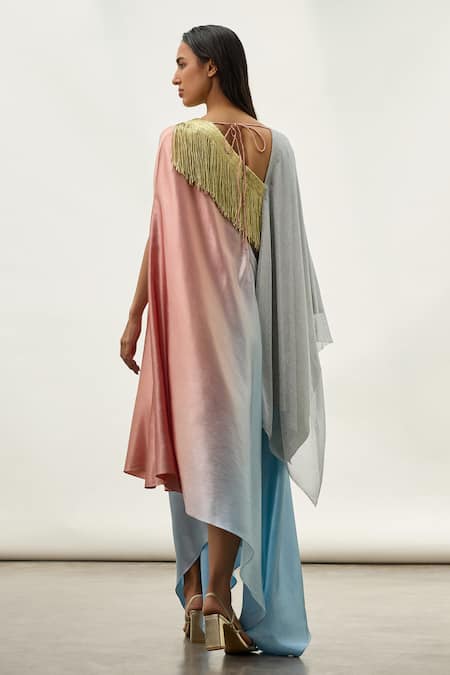 Shop Akhl Pink Satin, Polyester Fringe Asymmetric Metallic Kaftan at Aza Fashions Shop_Akhl_Pink Satin, Polyester Fringe Asymmetric Metallic Kaftan _at_Aza_Fashions