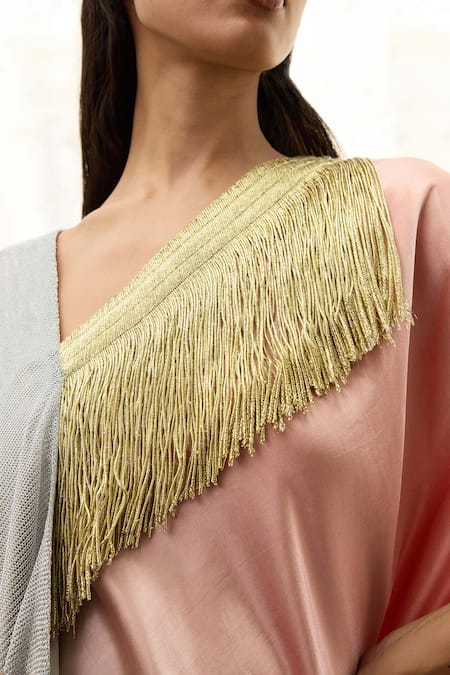 Akhl Pink Satin, Polyester Fringe Asymmetric Metallic Kaftan Online at Aza Fashions Akhl_Pink Satin, Polyester Fringe Asymmetric Metallic Kaftan _Online_at_Aza_Fashions