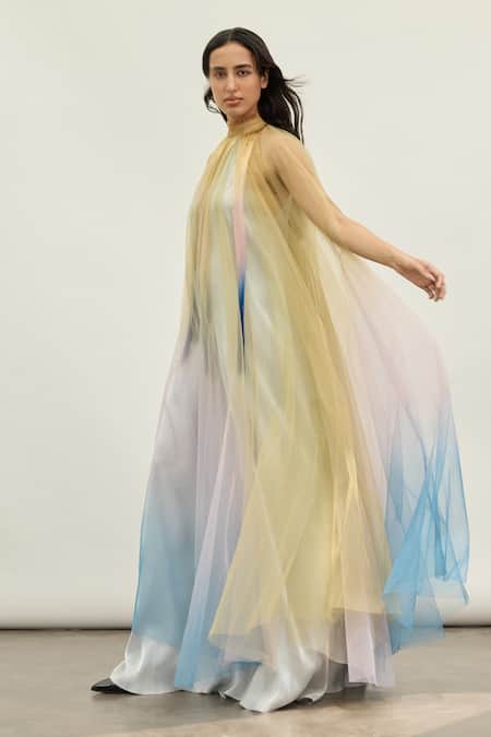 Akhl Pink Tulle (100% Nylon) Hand Embroidered Glass Yarn Fringe Ombre Collar Kaftan Online at Aza Fashions Akhl_Pink Tulle (100% Nylon) Hand Embroidered Glass Yarn Fringe Ombre Collar Kaftan _Online_at_Aza_Fashions