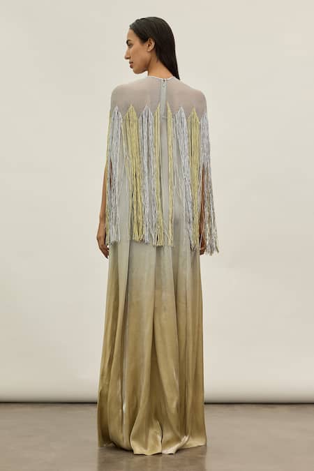 Shop_Akhl_Silver Satin (20% Polyester 80% Rayon) Hand Embroidered Metallic Yarn Kaftan _at_Aza_Fashions