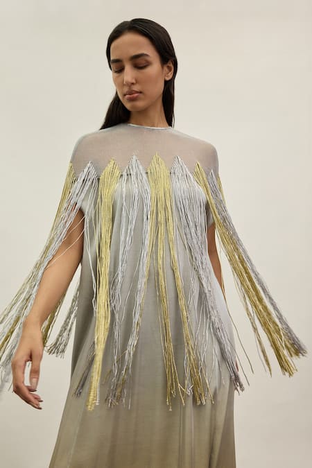 Akhl_Silver Satin (20% Polyester 80% Rayon) Hand Embroidered Metallic Yarn Kaftan _Online_at_Aza_Fashions