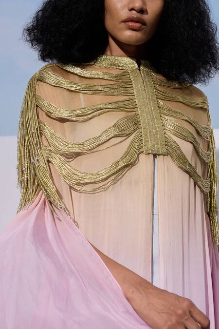 Buy_Akhl_Pink Chiffon (100% Viscose) Hand Embroidered Fringes High Dyed Ombre Kaftan _Online_at_Aza_Fashions