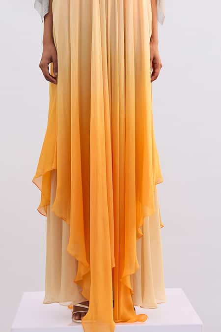 Akhl_Yellow Chiffon (100% Viscose) Illusion Ombre Mesh Kaftan Dress _Online_at_Aza_Fashions