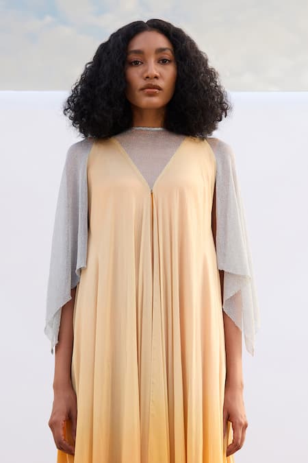 Shop_Akhl_Yellow Chiffon (100% Viscose) Illusion Ombre Mesh Kaftan Dress _Online_at_Aza_Fashions
