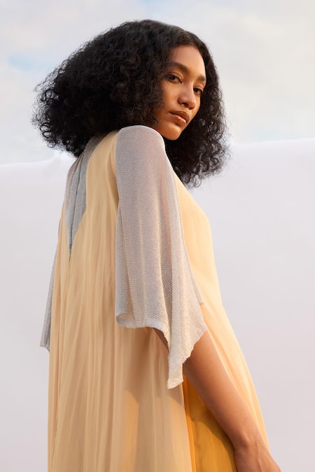 Akhl_Yellow Chiffon (100% Viscose) Illusion Ombre Mesh Kaftan Dress _at_Aza_Fashions