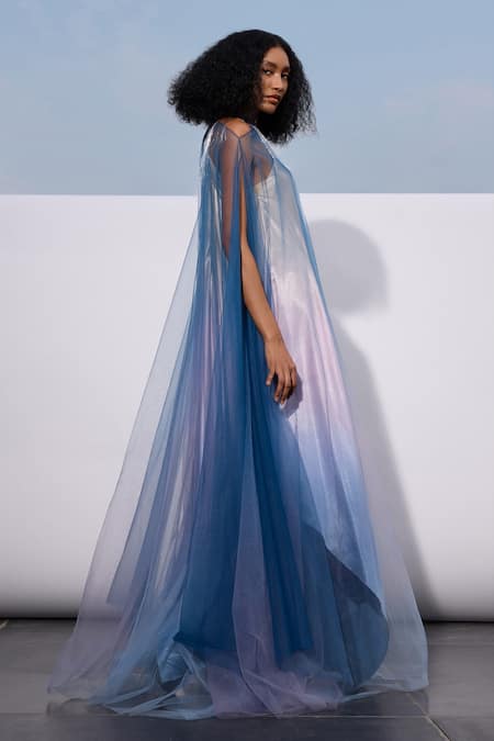 Akhl_Blue Viscose, Cotton, Nylon Fringe Mandarin Hand Embroidered Glass Yarn Kaftan _Online_at_Aza_Fashions