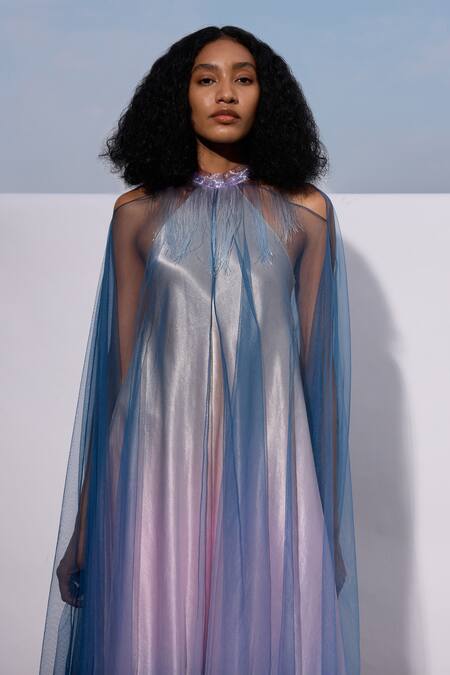 Buy_Akhl_Blue Viscose, Cotton, Nylon Fringe Mandarin Hand Embroidered Glass Yarn Kaftan _Online_at_Aza_Fashions