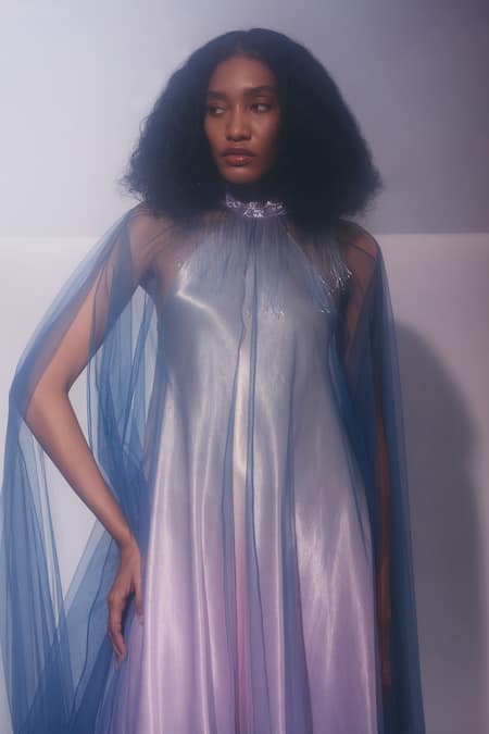 Shop_Akhl_Blue Viscose, Cotton, Nylon Fringe Mandarin Hand Embroidered Glass Yarn Kaftan _Online_at_Aza_Fashions