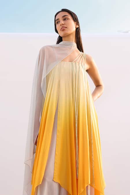 Akhl_Yellow Chiffon (100% Viscose) Hand Embroidered Kaftan And Scarf Ombre With _Online_at_Aza_Fashions