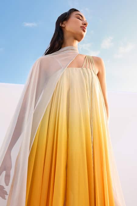 Buy_Akhl_Yellow Chiffon (100% Viscose) Hand Embroidered Kaftan And Scarf Ombre With _Online_at_Aza_Fashions