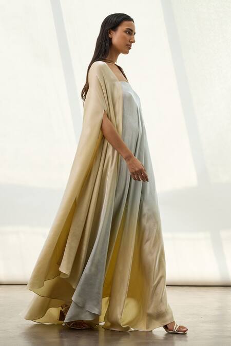 Akhl_Gold Satin (20% Polyester 80% Rayon) Mirror Metallic Trim Ombre Kaftan Dress _Online_at_Aza_Fashions