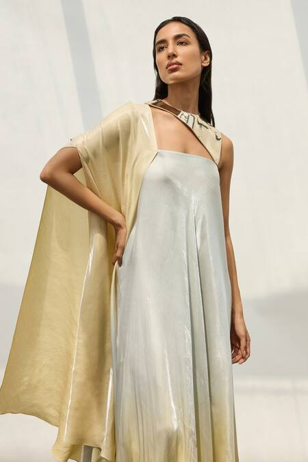 Buy_Akhl_Gold Satin (20% Polyester 80% Rayon) Mirror Metallic Trim Ombre Kaftan Dress _Online_at_Aza_Fashions