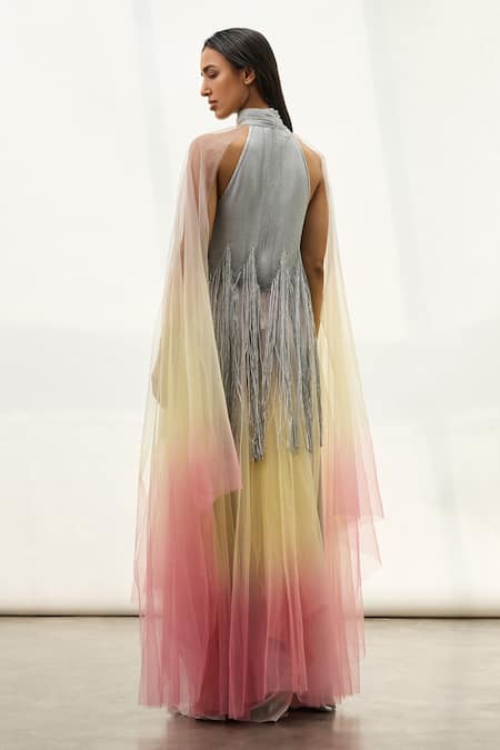 Shop_Akhl_Silver Tulle (100% Nylon) High Ombre Hand Dyed Kaftan _at_Aza_Fashions