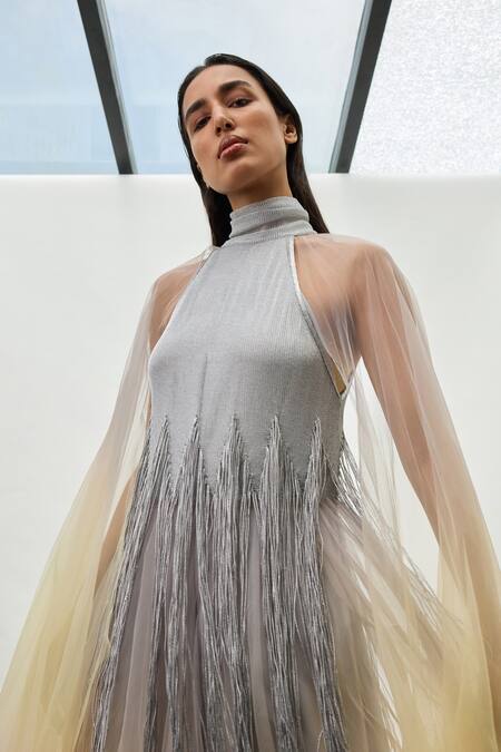 Akhl_Silver Tulle (100% Nylon) High Ombre Hand Dyed Kaftan _Online_at_Aza_Fashions