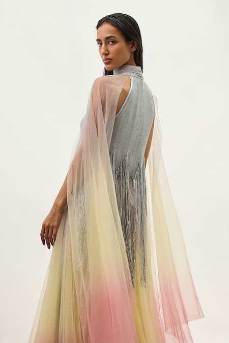 Buy_Akhl_Silver Tulle (100% Nylon) High Ombre Hand Dyed Kaftan _Online_at_Aza_Fashions