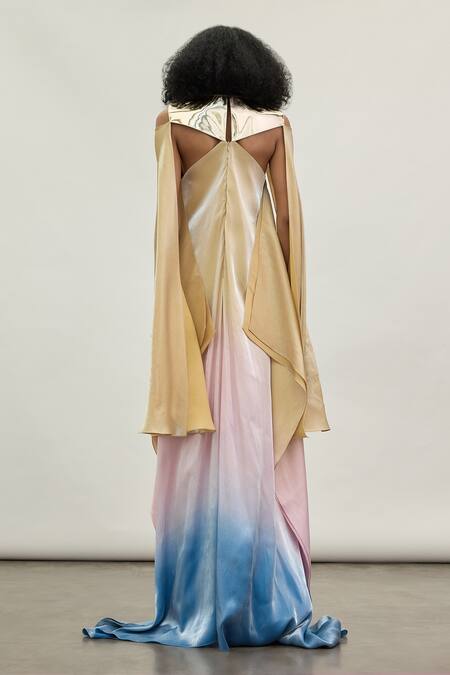 Shop_Akhl_Pink Satin (20% Polyester 80% Rayon) Mirror Metallic Yoke Trim Kaftan Dress _at_Aza_Fashions