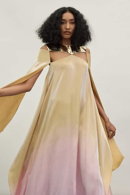 Akhl_Pink Satin (20% Polyester 80% Rayon) Mirror Metallic Yoke Trim Kaftan Dress _Online_at_Aza_Fashions