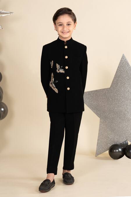 Shop_LITTLE BOYS CLOSET_Black Suiting Sandwash Embroidery Cut Dana Bird Bandhgala Set _at_Aza_Fashions
