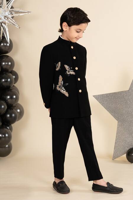 LITTLE BOYS CLOSET_Black Suiting Sandwash Embroidery Cut Dana Bird Bandhgala Set _Online_at_Aza_Fashions