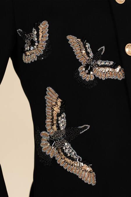Shop_LITTLE BOYS CLOSET_Black Suiting Sandwash Embroidery Cut Dana Bird Bandhgala Set _Online_at_Aza_Fashions