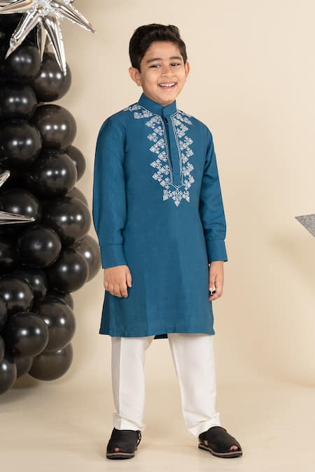 Little Boys Closet Blue Cotton, Silk Embroidery Geometric Kurta Set Online at Aza Fashions Little Boys Closet_Blue Cotton, Silk Embroidery Geometric Kurta Set _Online_at_Aza_Fashions