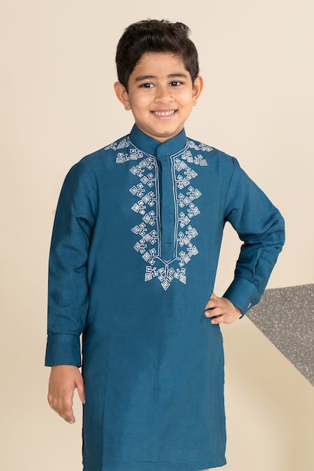 Buy Little Boys Closet Blue Cotton, Silk Embroidery Geometric Kurta Set Online at Aza Fashions Buy_Little Boys Closet_Blue Cotton, Silk Embroidery Geometric Kurta Set _Online_at_Aza_Fashions