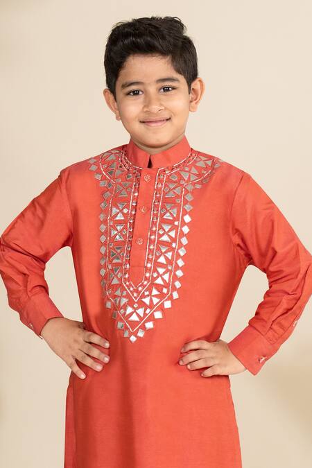 Little Boys Closet_Orange Cotton, Silk Embroidery Rexine Kurta With Pyjama _Online_at_Aza_Fashions