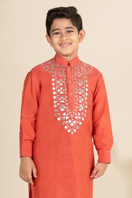 Buy_Little Boys Closet_Orange Cotton, Silk Embroidery Rexine Kurta With Pyjama _Online_at_Aza_Fashions
