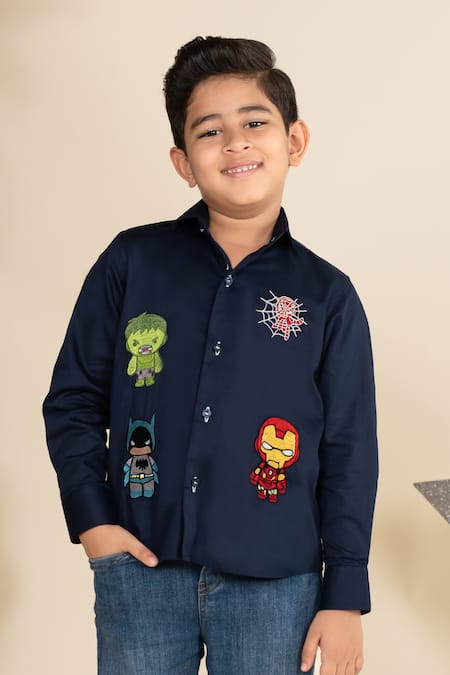 Little Boys Closet_Blue Cotton Satin Embroidery Superhero Motifs Shirt_Online_at_Aza_Fashions