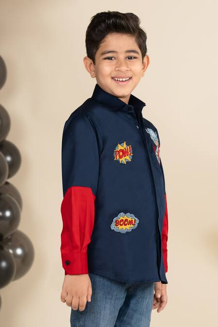 Little Boys Closet_Blue Cotton Satin Embroidery Color Block Superhero Shirt_Online_at_Aza_Fashions