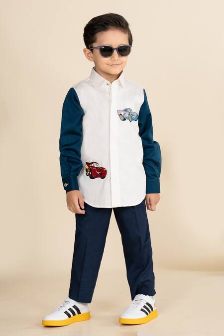 Little Boys Closet_White Cotton Satin Embroidery Car Color Block Shirt_Online_at_Aza_Fashions