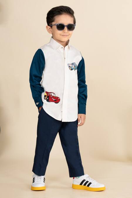 Buy_Little Boys Closet_White Cotton Satin Embroidery Car Color Block Shirt_Online_at_Aza_Fashions