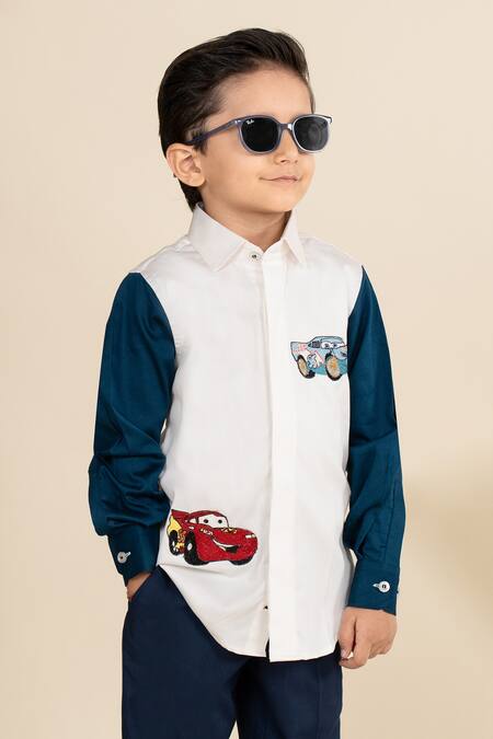 Shop_Little Boys Closet_White Cotton Satin Embroidery Car Color Block Shirt_Online_at_Aza_Fashions