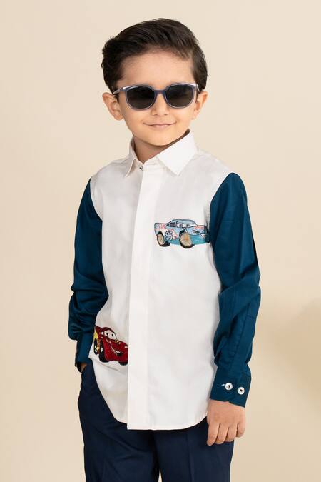 Little Boys Closet_White Cotton Satin Embroidery Car Color Block Shirt_at_Aza_Fashions