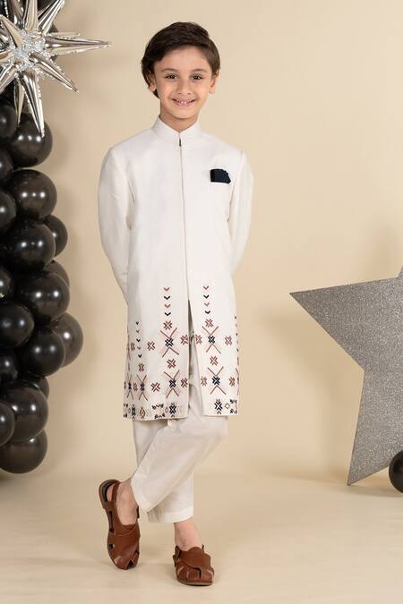 Little Boys Closet Ivory Cotton, Silk Embroidery Patola Thread Sherwani With Pyjama Online at Aza Fashions Little Boys Closet_Ivory Cotton, Silk Embroidery Patola Thread Sherwani With Pyjama _Online_at_Aza_Fashions