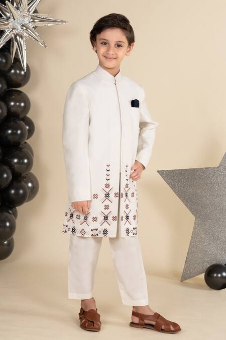 Shop Little Boys Closet Ivory Cotton, Silk Embroidery Patola Thread Sherwani With Pyjama Online at Aza Fashions Shop_Little Boys Closet_Ivory Cotton, Silk Embroidery Patola Thread Sherwani With Pyjama _Online_at_Aza_Fashions